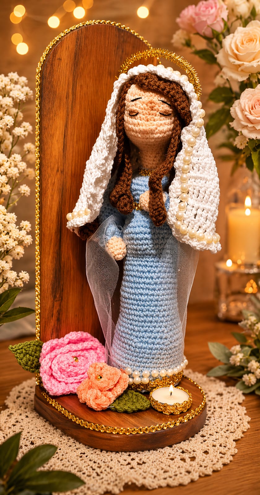 Virgen María tejida a mano con flores