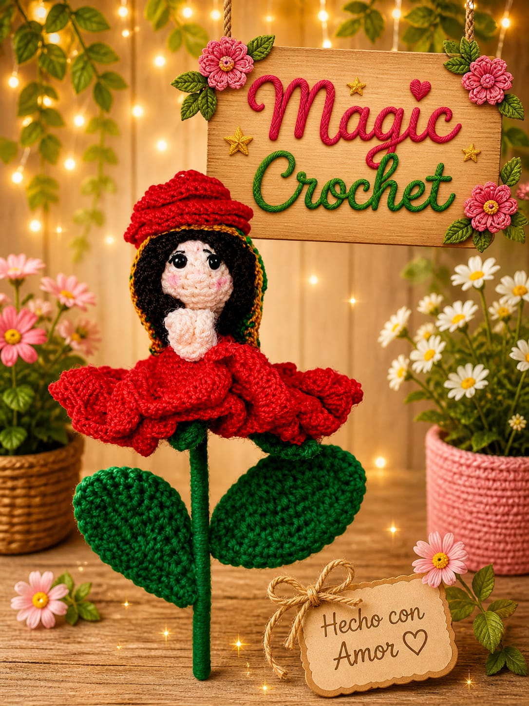 Rosa roja con amigurumi